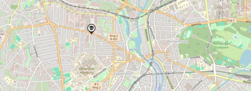 Landkarte mit Markierung des IMBE in Christoph-Probst-Weg 1, 20251 Hamburg, Link zum Kartenausschnitt in OpenStreetMap