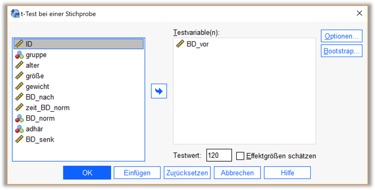 t1stich_1 SPSS-Oberfläche zur Durchführung eines in-Stichproben-t-Tests. Details im Text.
