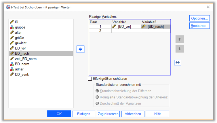 tabh_1 SPSS-Oberfläche zur Durchführung eines t-Tests für abhängige Stichproben. Details im Text.