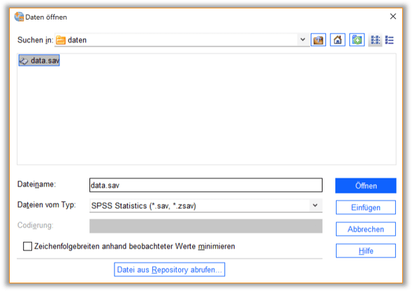 spss_data_sav SPSS Dialogfenster zum Laden einer .sav Datei. Details im Text.