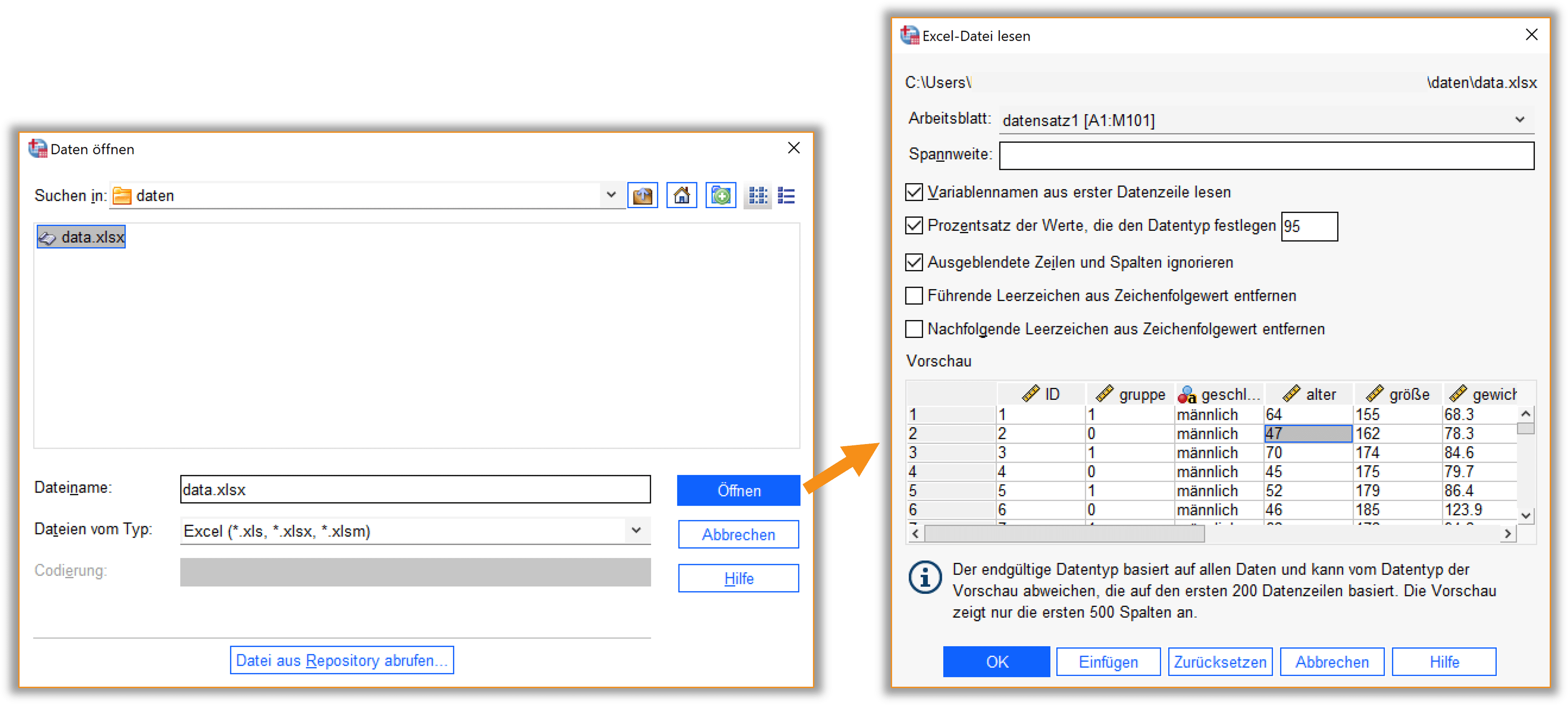 spss_data_xlsx SPSS Dialogfenster zum Laden einer .xlsx Datei. Details im Text.