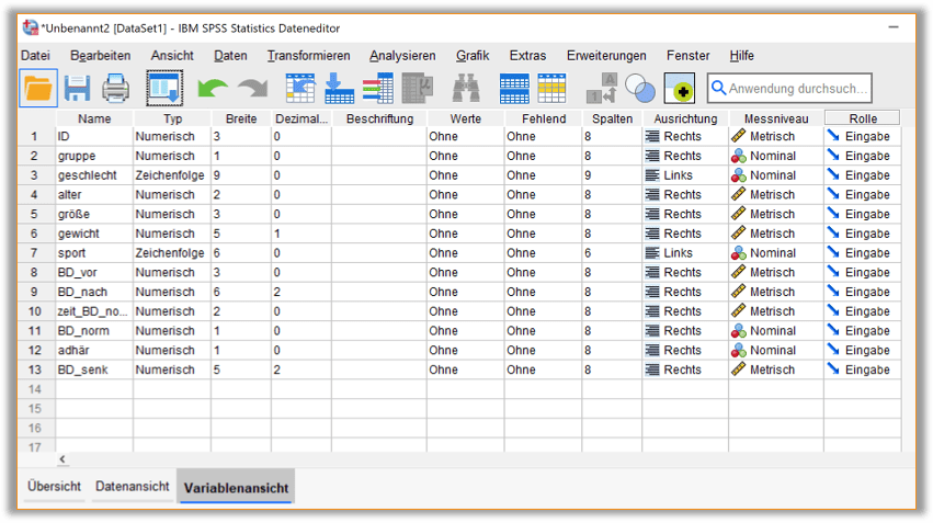 Variablenansicht in SPSS. Details im Text.