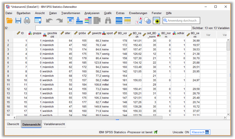 Datenansicht im Dateneditor der SPSS-Oberfläche. Details im Text.