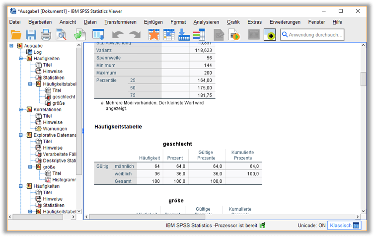 Ausgabefenster in der SPSS-Oberfläche. Details im Text.
